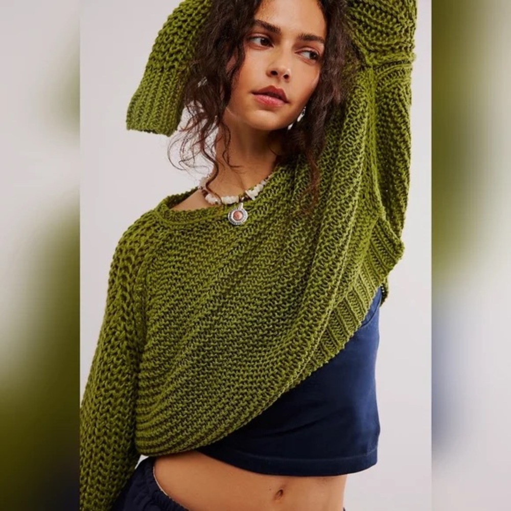 Free People We The Free Essential 100% Linen Crew Summer Sweater Green Knit